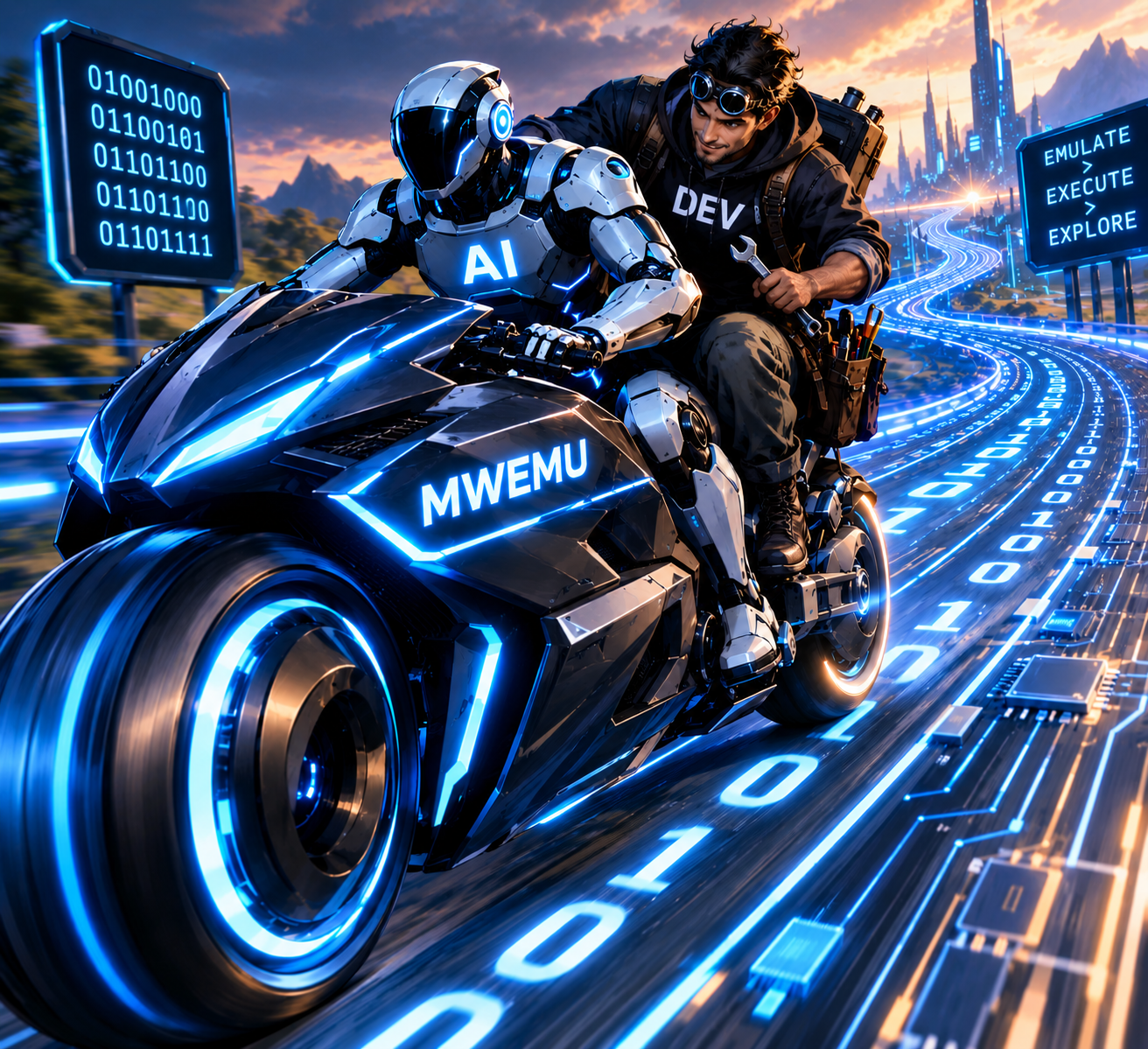 Cyberpunk illustration: the author and an AI robot ride a neon motorcycle labelled MWEMU down a highway made of binary code, past road signs reading EMULATE > EXECUTE > EXPLORE.